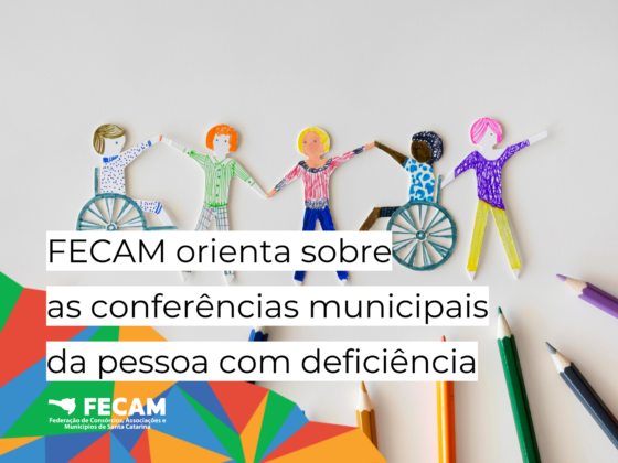 Desenho de cinco pessoas dando as mãos. Duas em cadeiras de rodas e três em pé. Há uma pessoa negra em cadeira de rodas. Mosaico da FECAM no canto inferior esquerdo e há a frase "FECAM orienta sobre as conferências municipais da pessoa com deficiência".